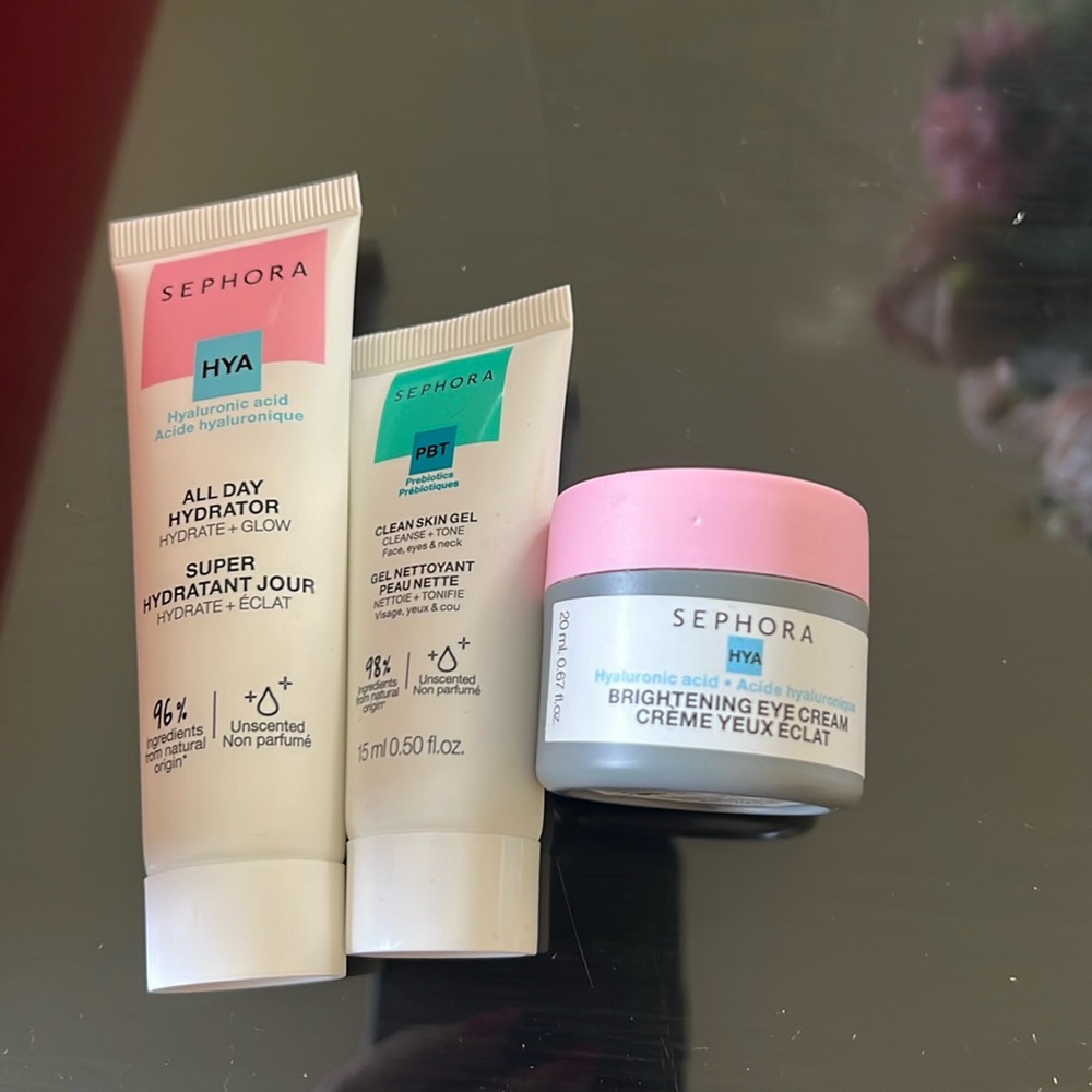 Sephora brand all day hydrator, clean skin gel and brightening eye cream